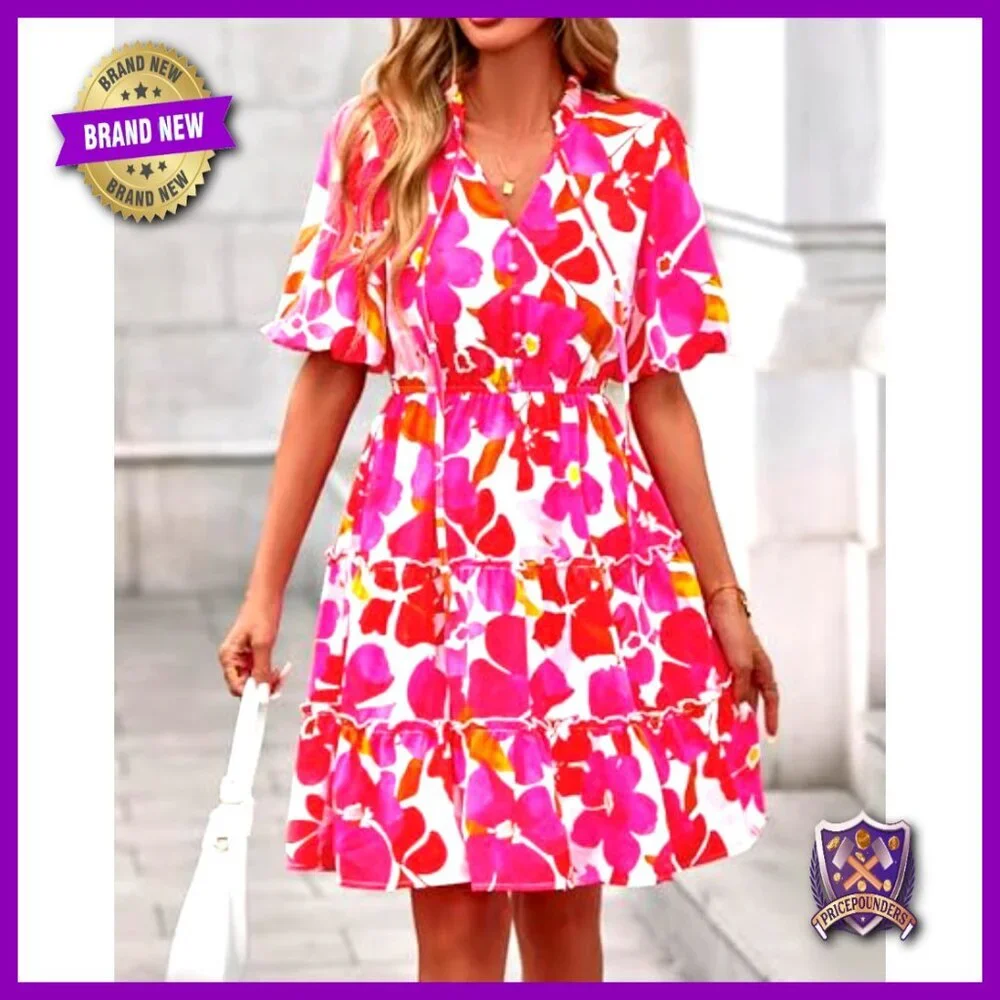 Summer Floral V-Neck Short Sleeve Tiered Ruffle Boho Swing Mini Dress